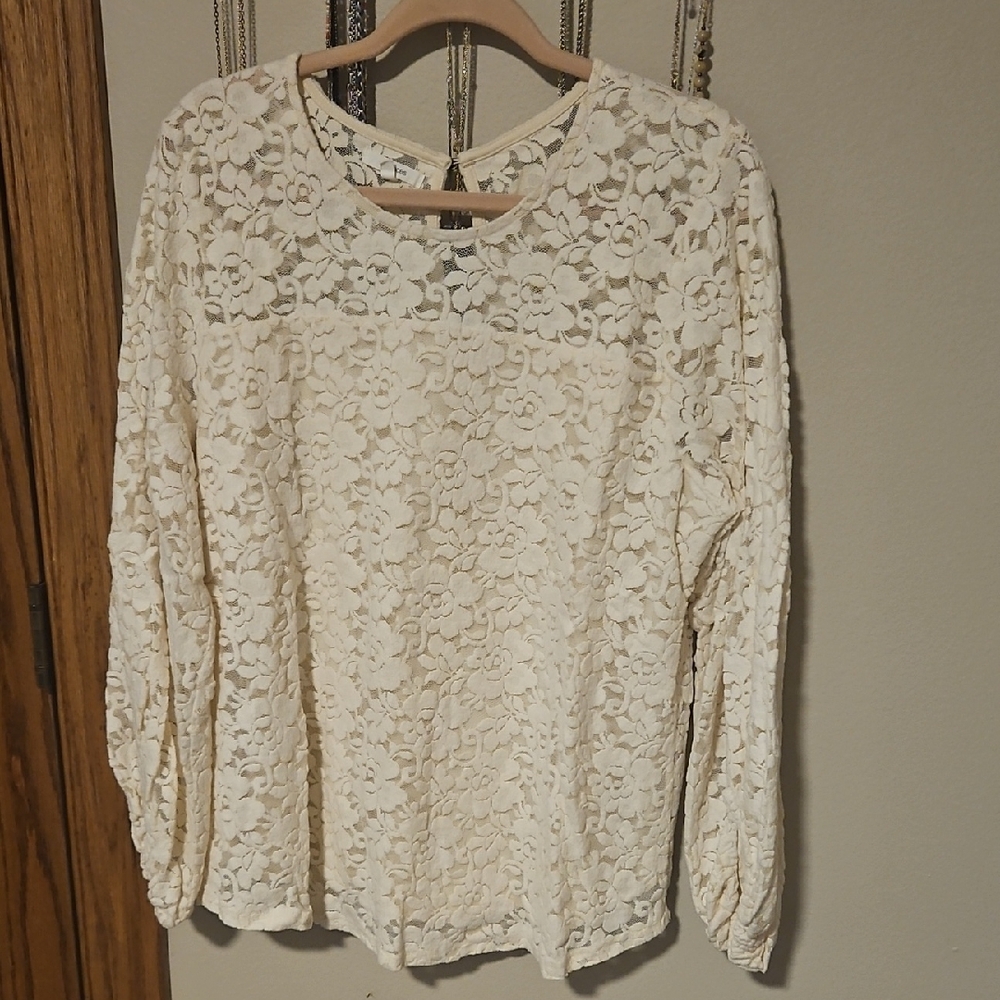 Maurices Cream Floral Lace Long-Sleeve Blouse